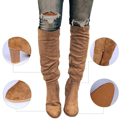 Winter Women Boots Solid Square Knee-High With Heels Ladies Boots