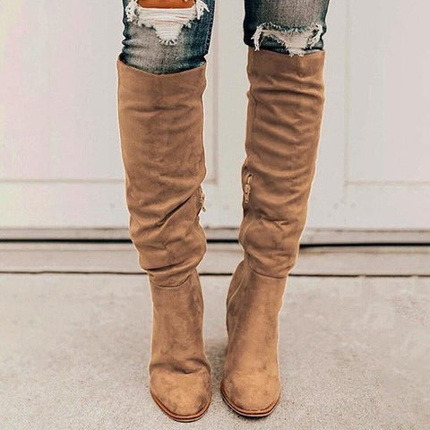 Winter Women Boots Solid Square Knee-High With Heels Ladies Boots