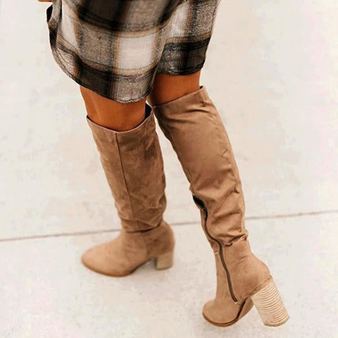 Winter Women Boots Solid Square Knee-High With Heels Ladies Boots