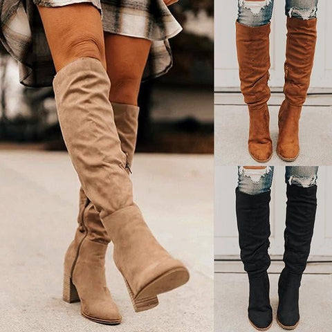 Winter Women Boots Solid Square Knee-High With Heels Ladies Boots