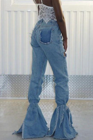 Fashion Wide Leg Bandage Patchwork Flared Jeans（Only Jeans)