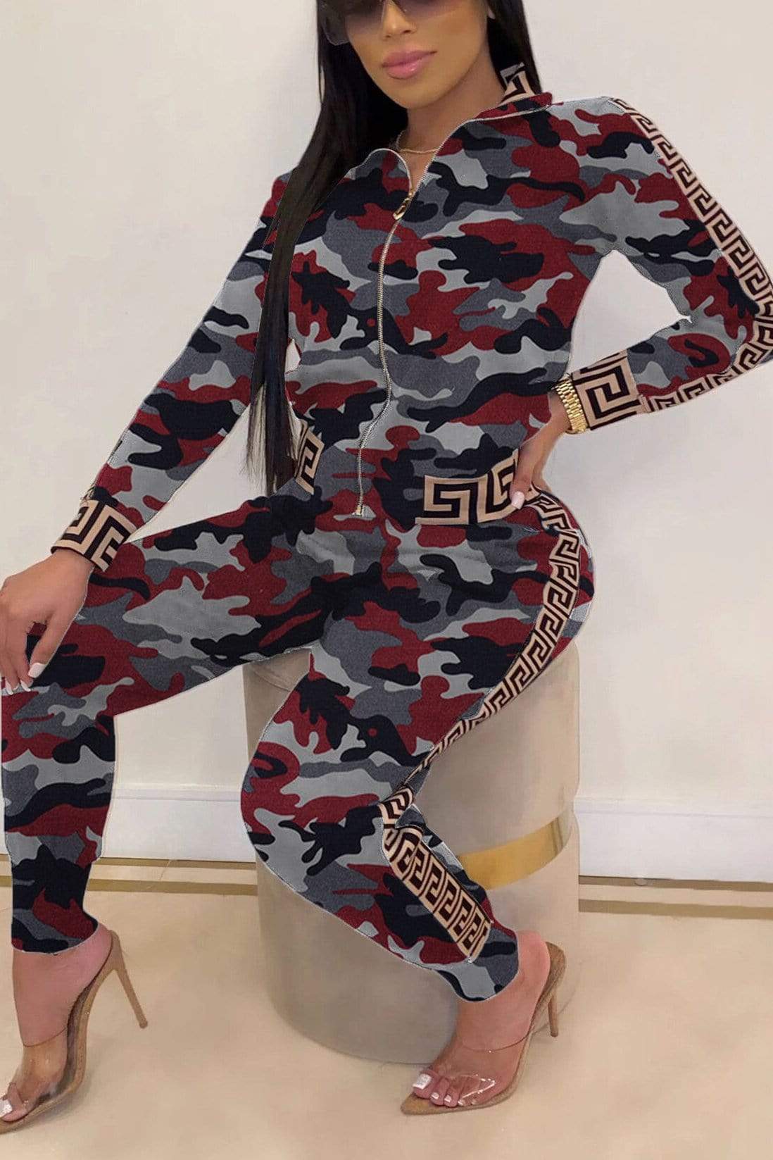 Casual Zipper Camouflage Print Two Piece