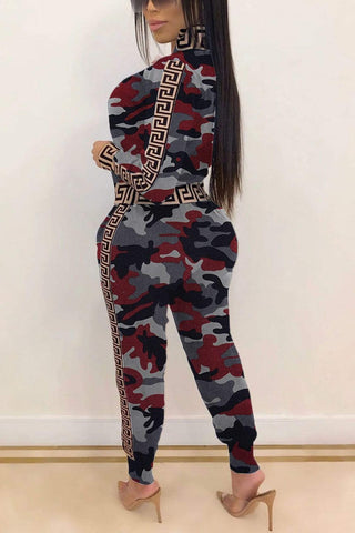 Casual Zipper Camouflage Print Two Piece