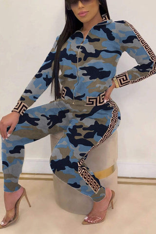 Casual Zipper Camouflage Print Two Piece