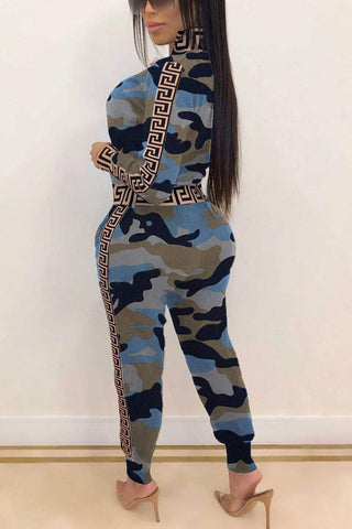 Casual Zipper Camouflage Print Two Piece