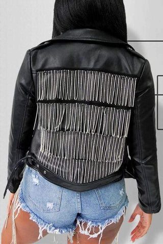 Fashion Casual PU Leather Fringe Zipper Coat (With Belt)