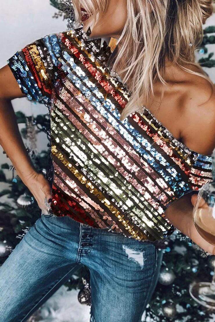 Fashion Sequined Off-The-Shoulder Top (with lining)