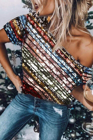 Fashion Sequined Off-The-Shoulder Top (with lining)