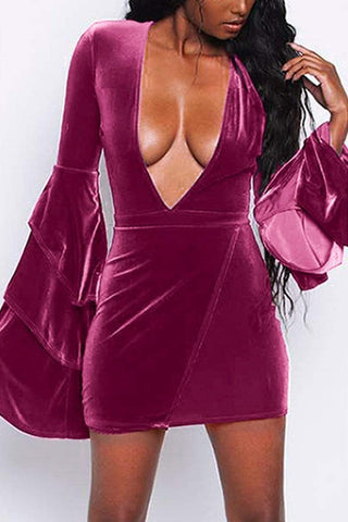 Sexy Slim V-Neck Ruffle Sleeve Dress