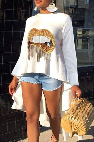 Casual Sequined Rhinestone Lips Top