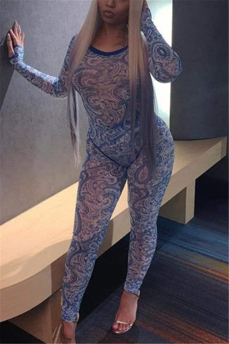 Sexy Mesh Printed Bodysuit Set