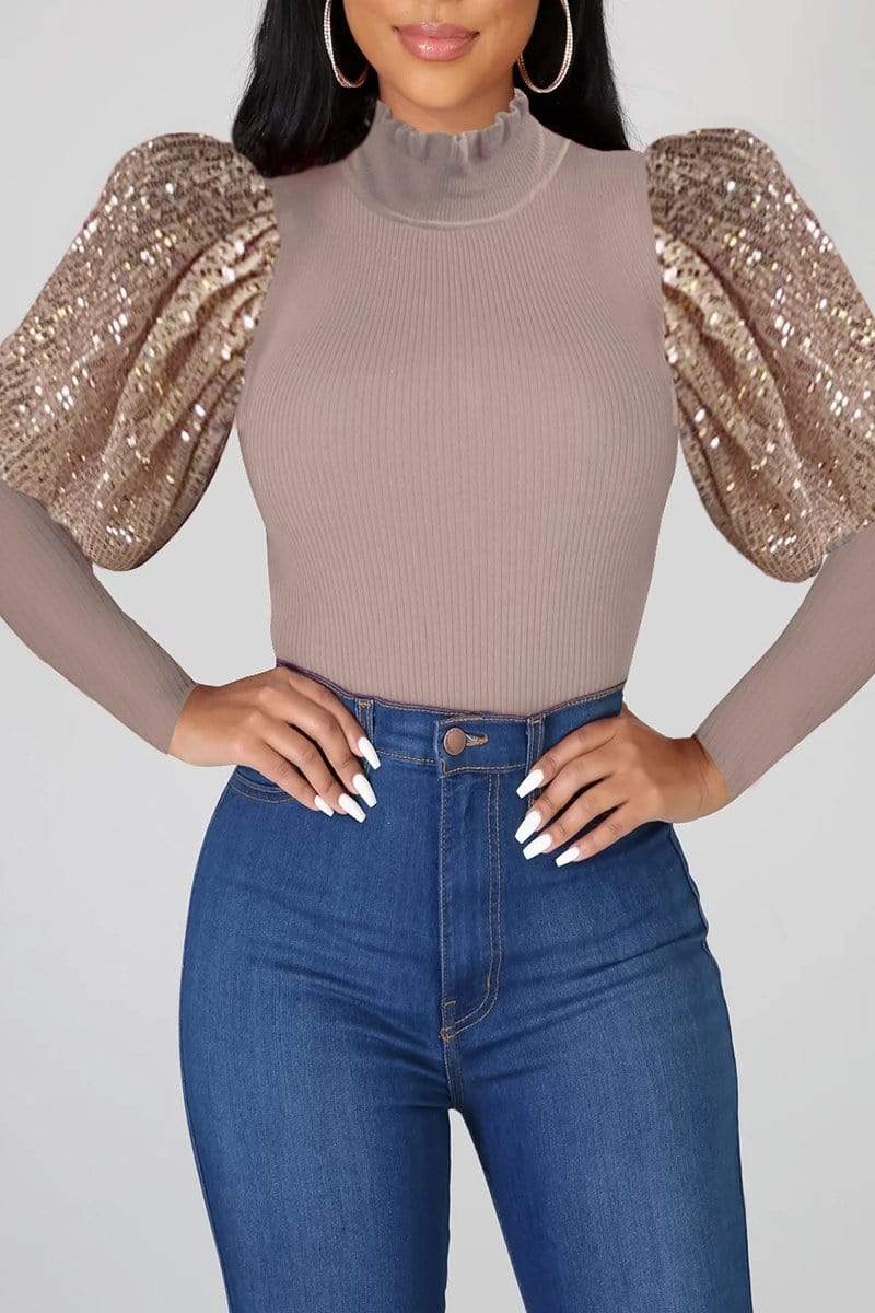 Fashion Sequin Bubble Sleeve Top