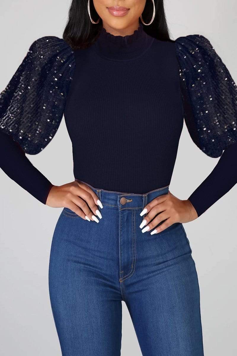 Fashion Sequin Bubble Sleeve Top