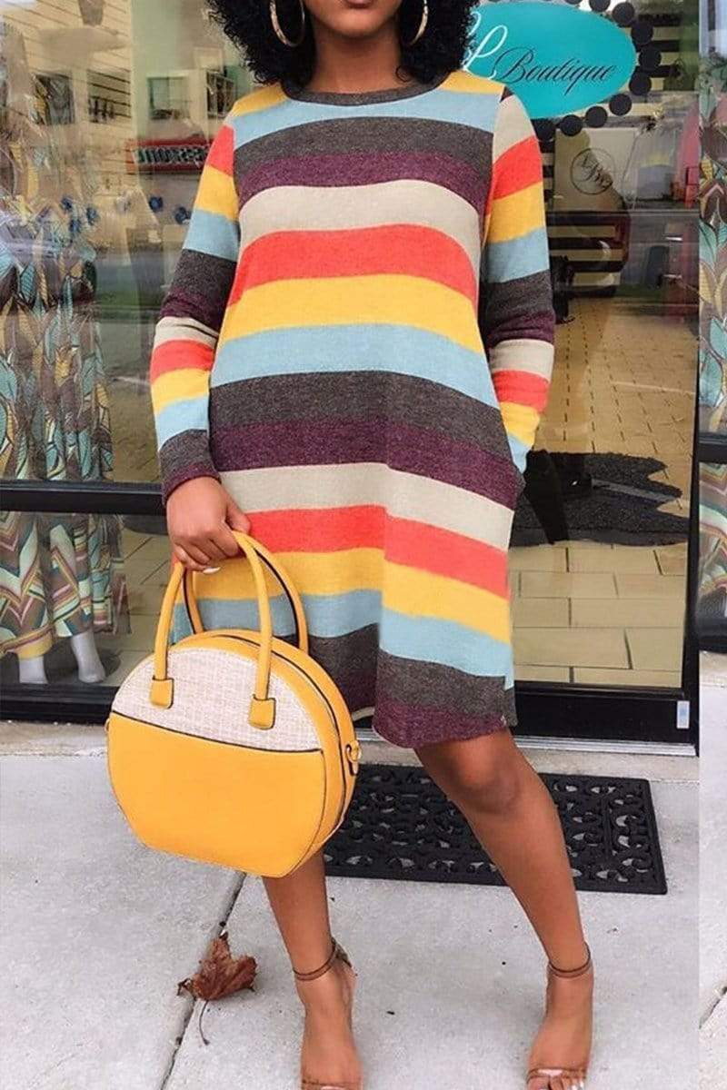 Fashion Rainbow Striped Pocket Dress