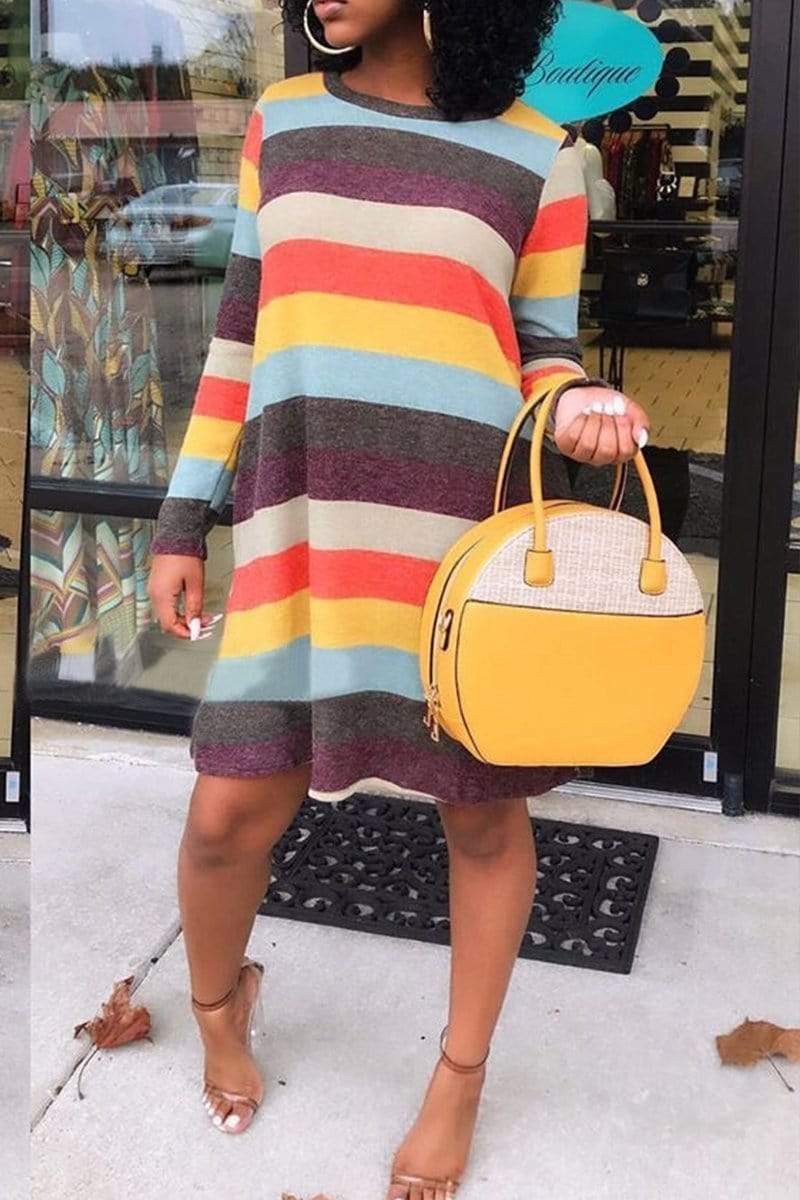 Fashion Rainbow Striped Pocket Dress