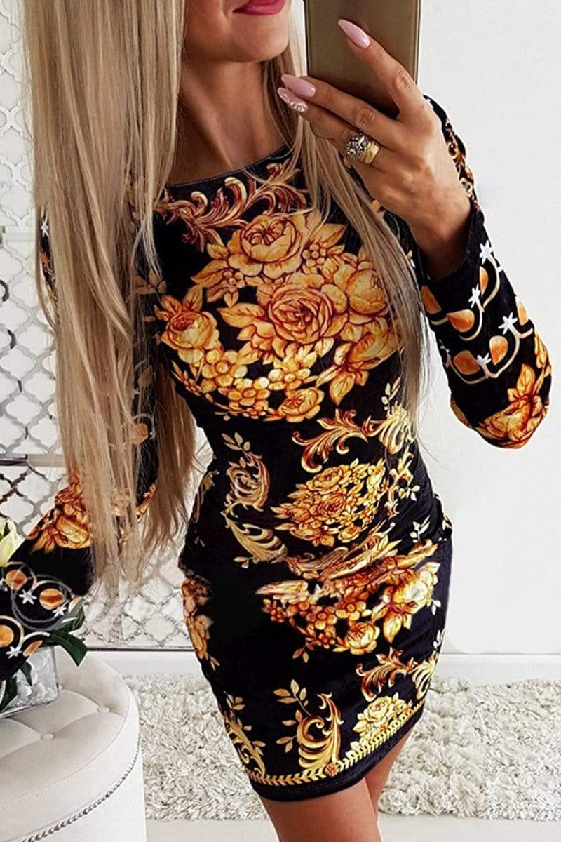 Sexy Round Neck Print Slim Dress