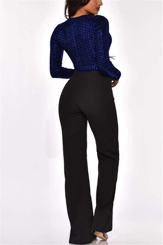 Fashion V-Neck Sequin Stitching Slim Jumpsuit