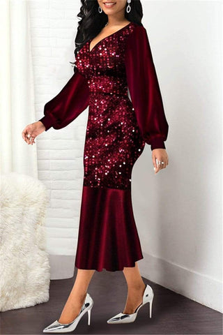 Fashion Sequins V-Neck Skinny Dress