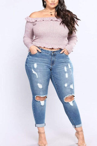 Fashion Plus Size Elastic Hole Jeans