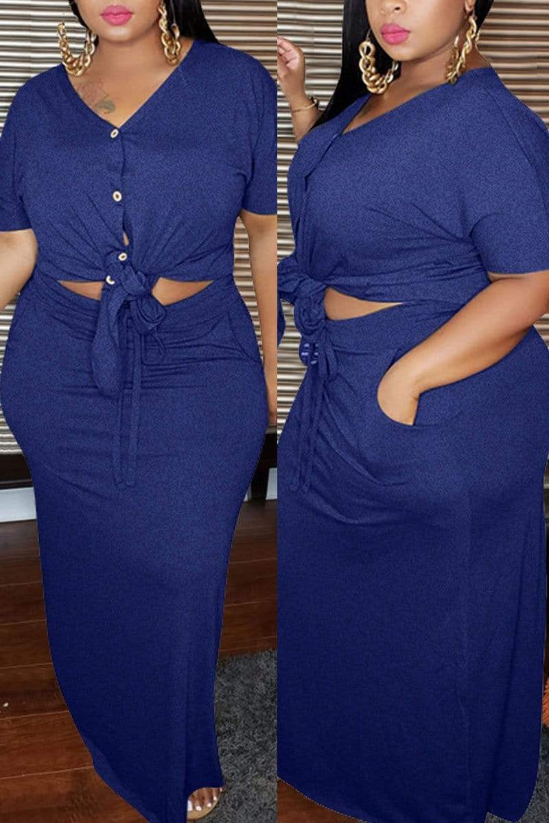 Casual V Neck Solid Plus Size Set