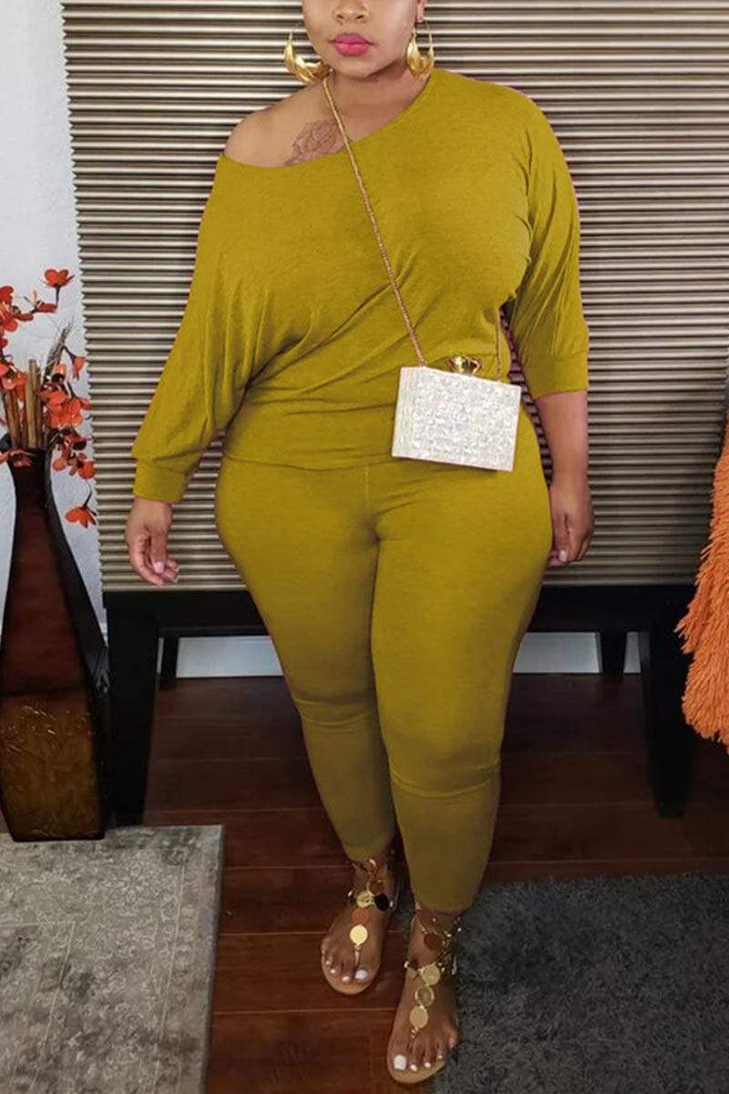 Casual Long Sleeve Solid Plus Size Set