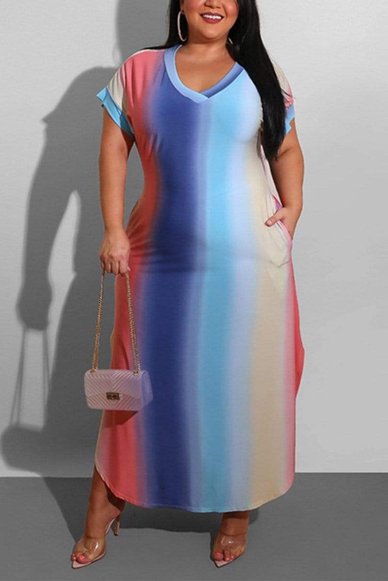 Fashion V Neck Gradual Change Print Dress