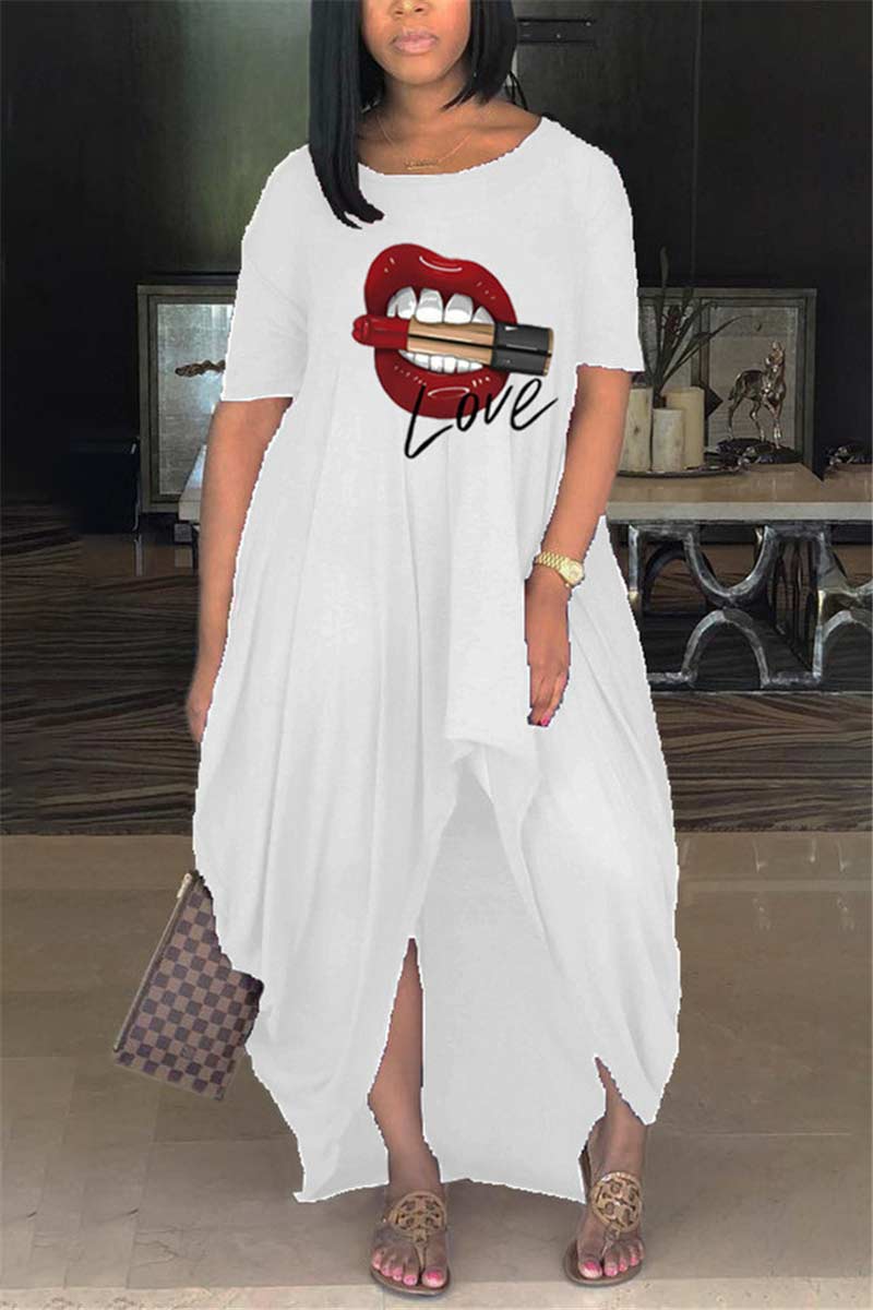 Casual Lip Printed Asymmetrical Plus Size Dress
