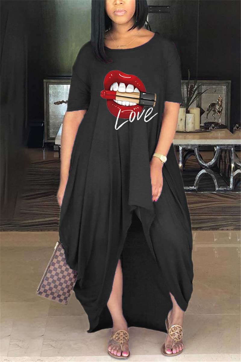 Casual Lip Printed Asymmetrical Plus Size Dress