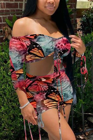 Sexy Off The Shoulder Butterfly Print Set