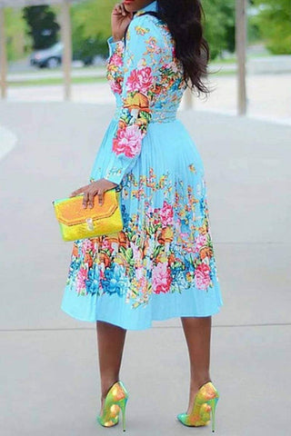 Fashion Long Sleeve Pleated Print Dresses