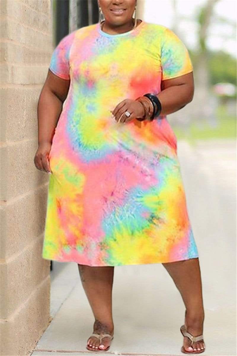 Fashion Tie Dye Printed Short Sleeve  Dress