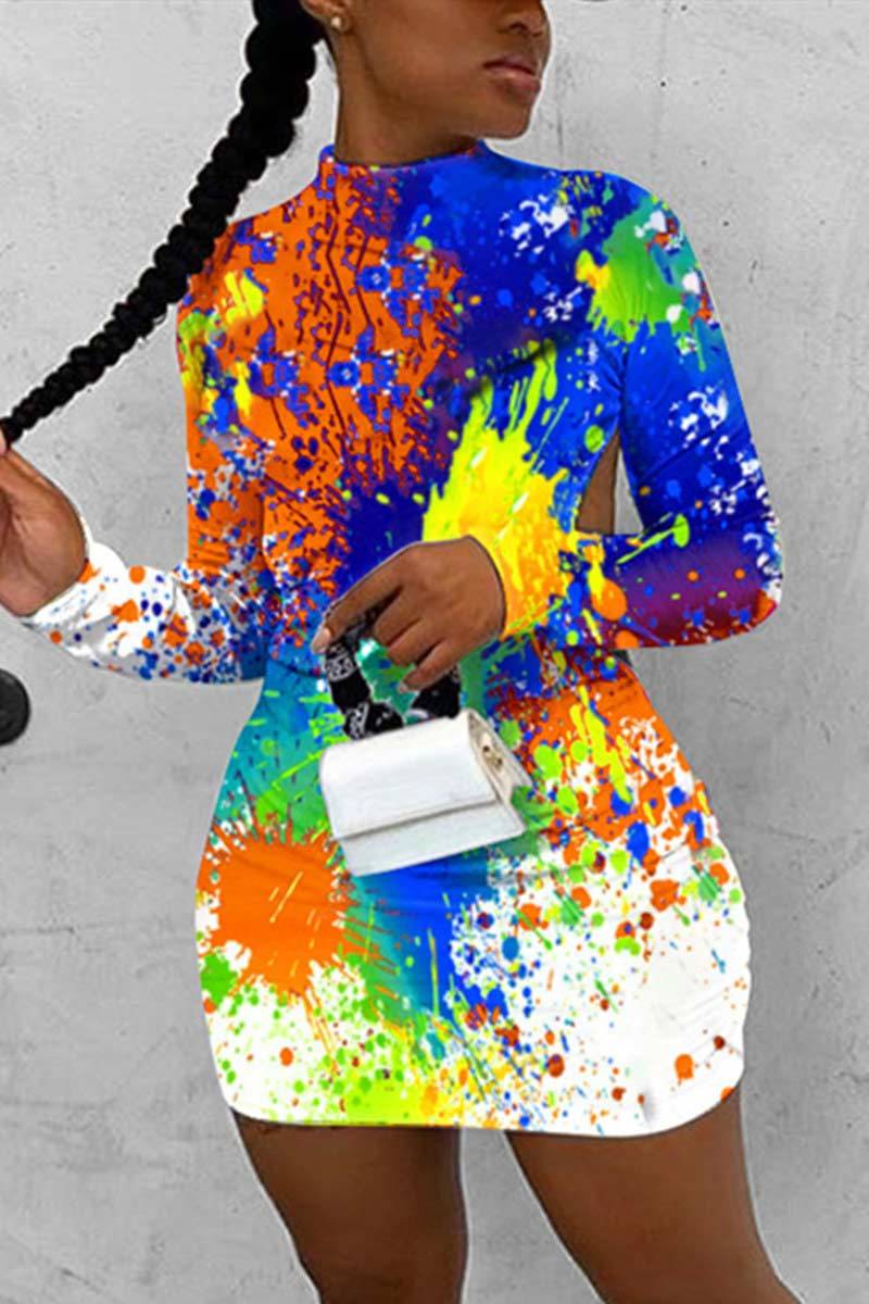Sexy Turtleneck Print Graffiti Dress