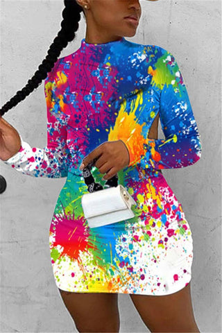 Sexy Turtleneck Print Graffiti Dress