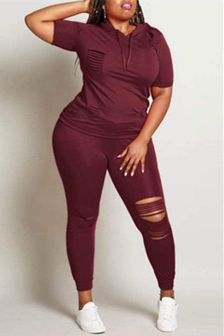 Casual Hooded Collar Solid Plus Size Set