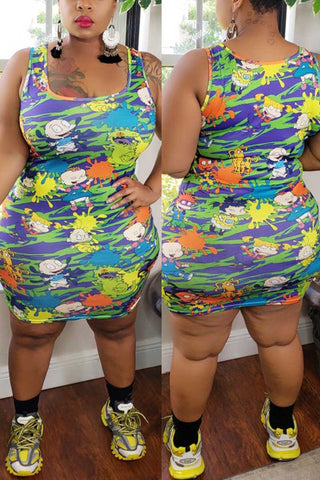 Casual Cartoon Print Plus Size Dress