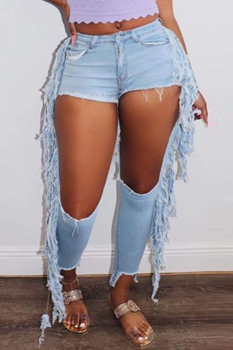 Fashion Hole Skinny Tassel Design Jeans
