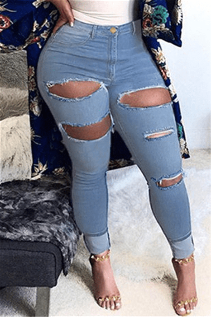 Casual Skinny Solid Holes Jeans