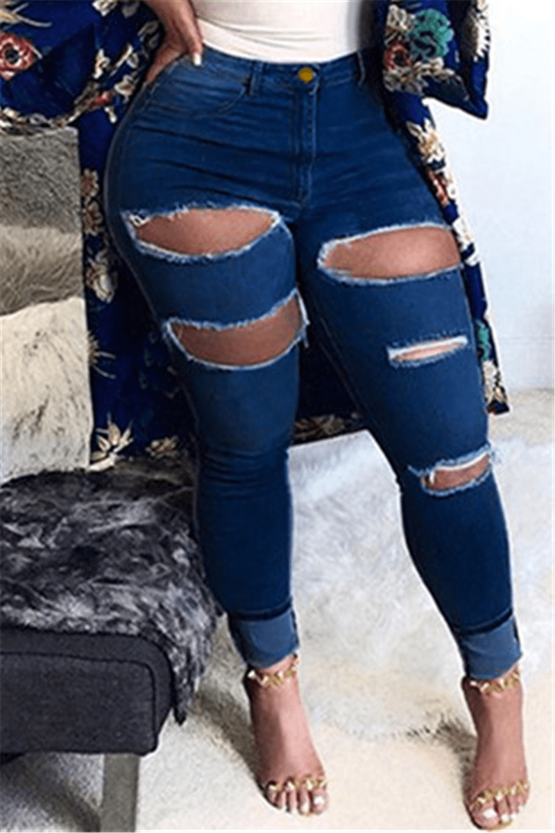 Casual Skinny Solid Holes Jeans