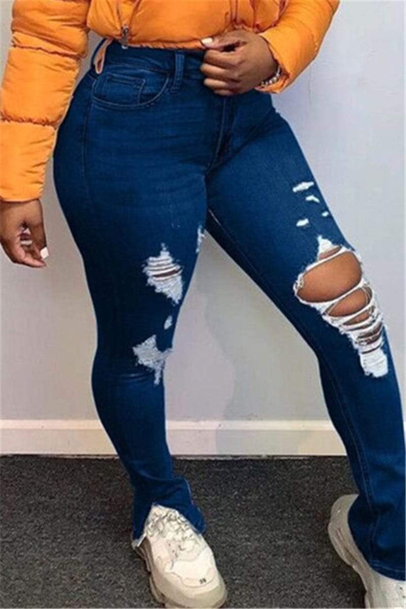 Fashion Skinny Hole Solid Jeans