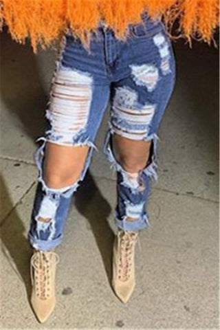 Fashion Solid Broken Hole Jeans