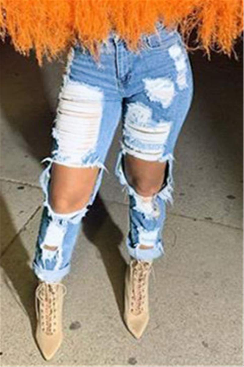 Fashion Solid Broken Hole Jeans