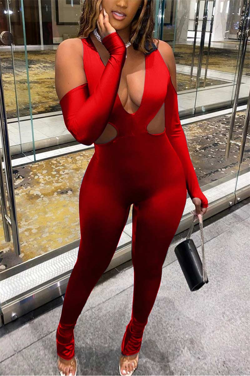 Sexy V Neck Skinny Solid Jumpsuits