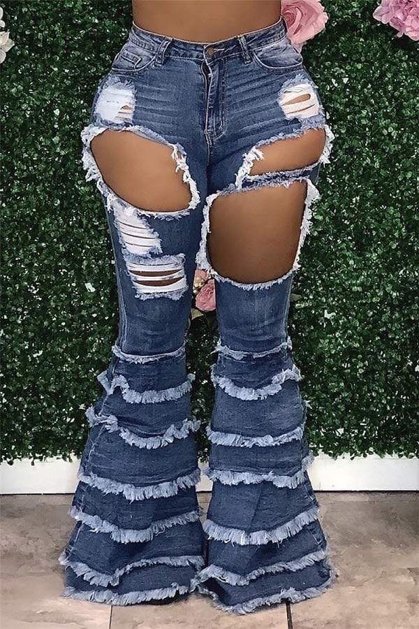 Fashion Solid Broken Hole Flared Jeans