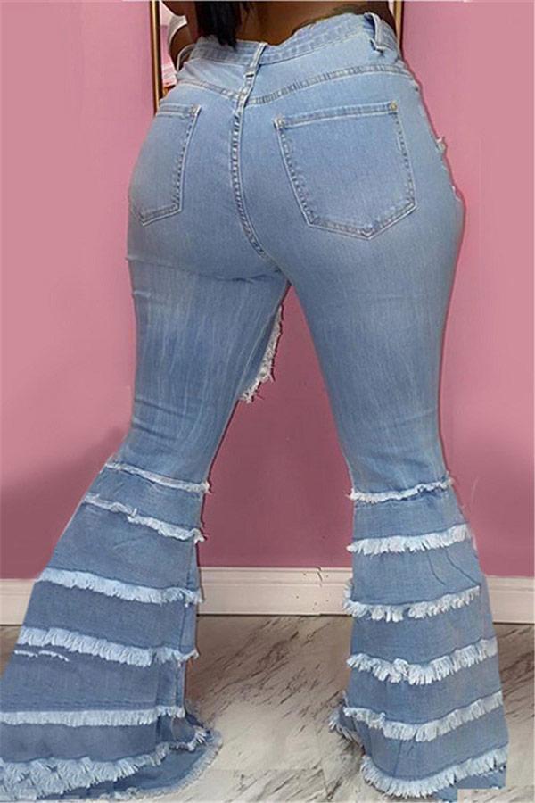 Fashion Solid Broken Hole Flared Jeans