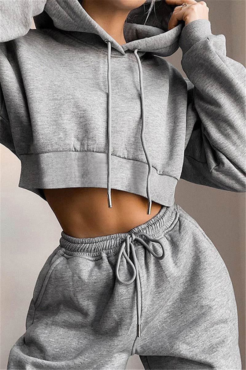 Casual Sportswear Hooded Solid Color Set