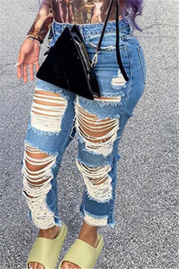 Fashion Mid Waist Broken Hole Jeans