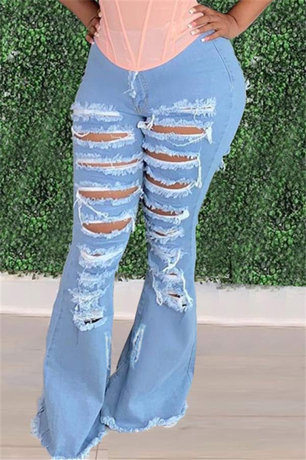 Fashion Solid Plus Size Broken Hole Jeans