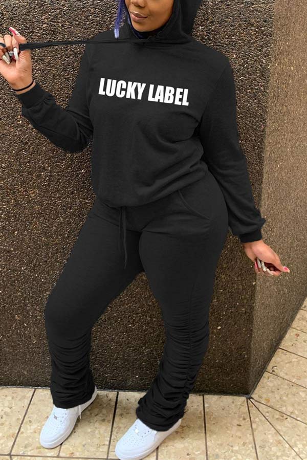 Casual Long Sleeve Hooded Print Two Piece