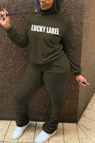 Casual Long Sleeve Hooded Print Two Piece