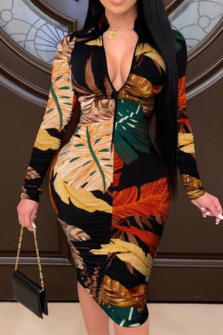 Fashion Stand-up Collar Zipper Palm Leaf Print Dress